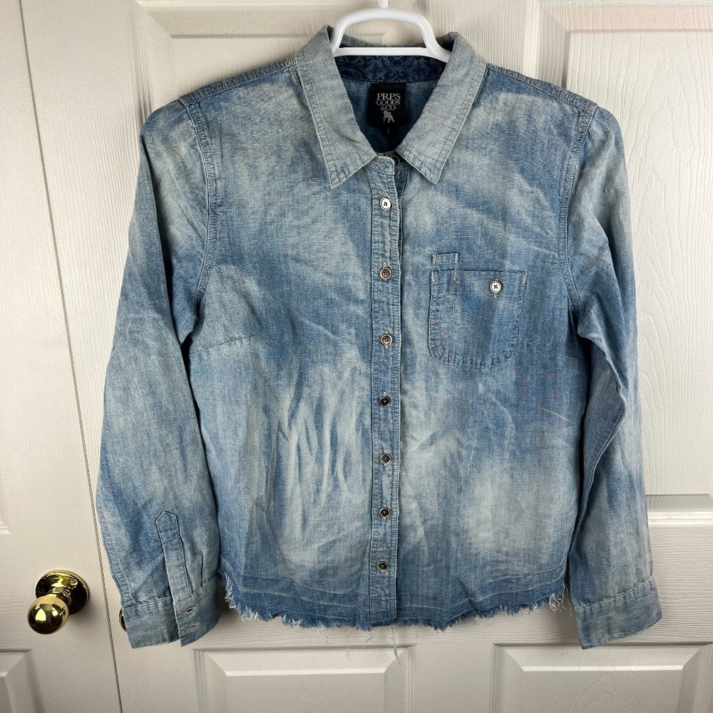 Prps Goods & Co Denim Linen Button Front Shirt Blue Large